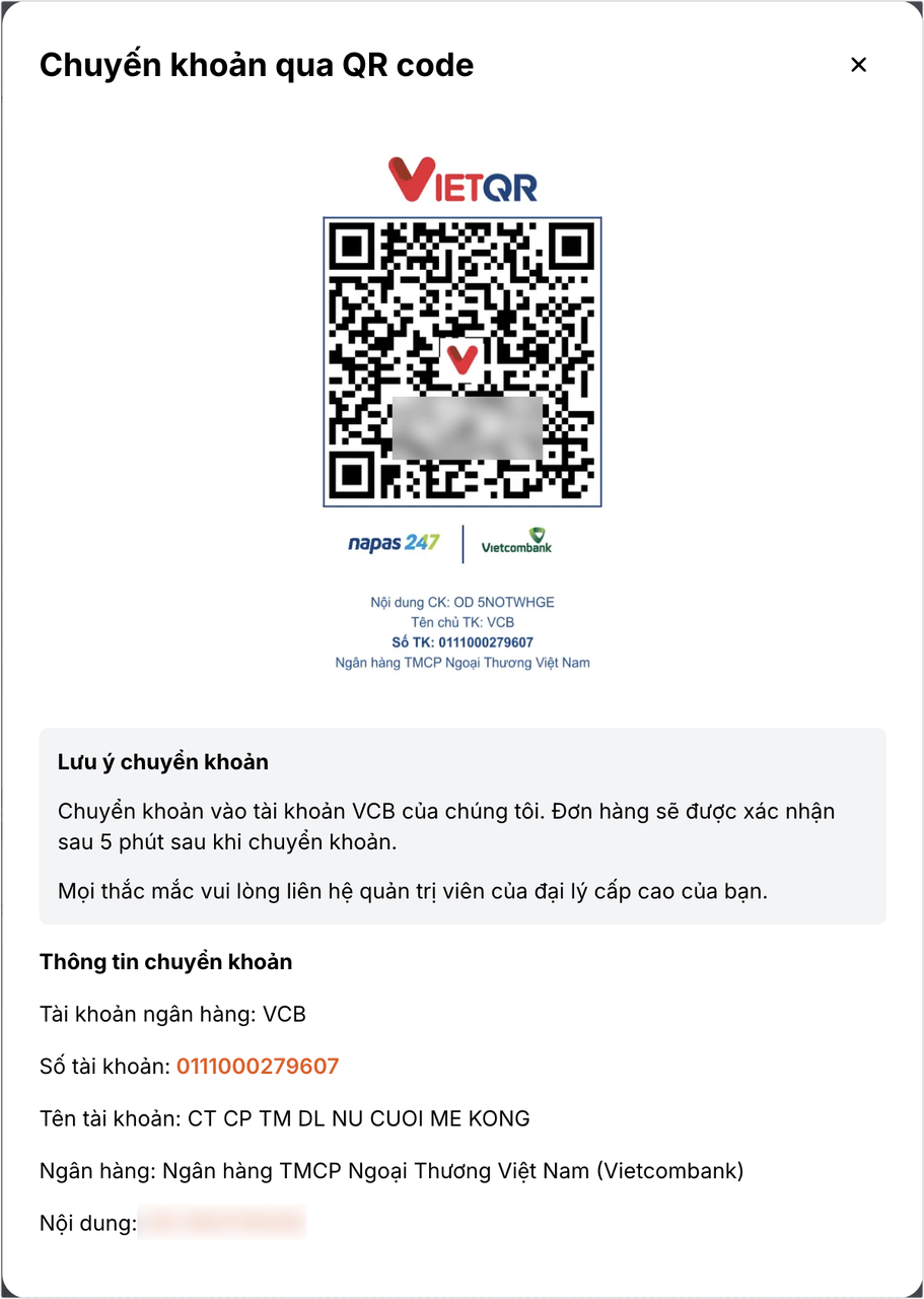 Cửa sổ chuyển khoản nạp tiền qua mã QR code
