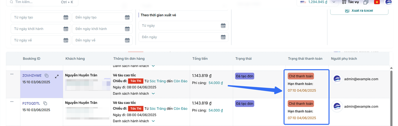 Thời hạn thanh toán hiển thị trên danh sách quản lý đơn hàng