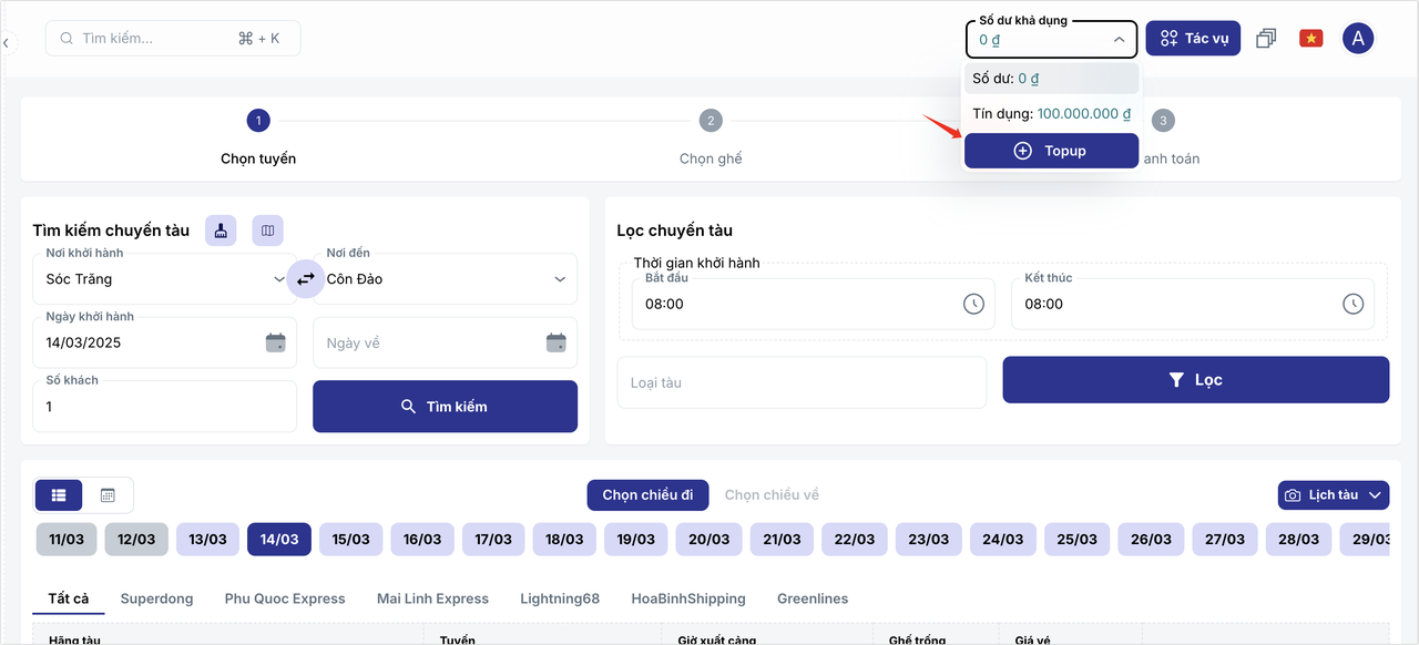 Thông tin số dư khả dụng và nút Topup trên thanh điều hướng