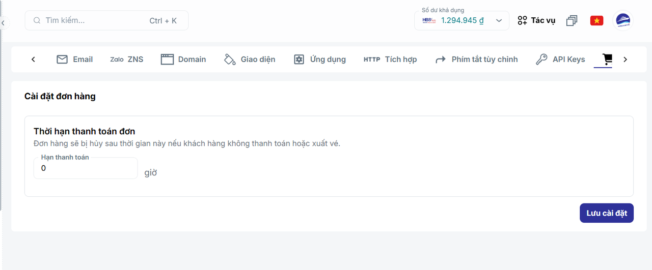 Cấu hình thời hạn thanh toán tự động hủy đơn hàng