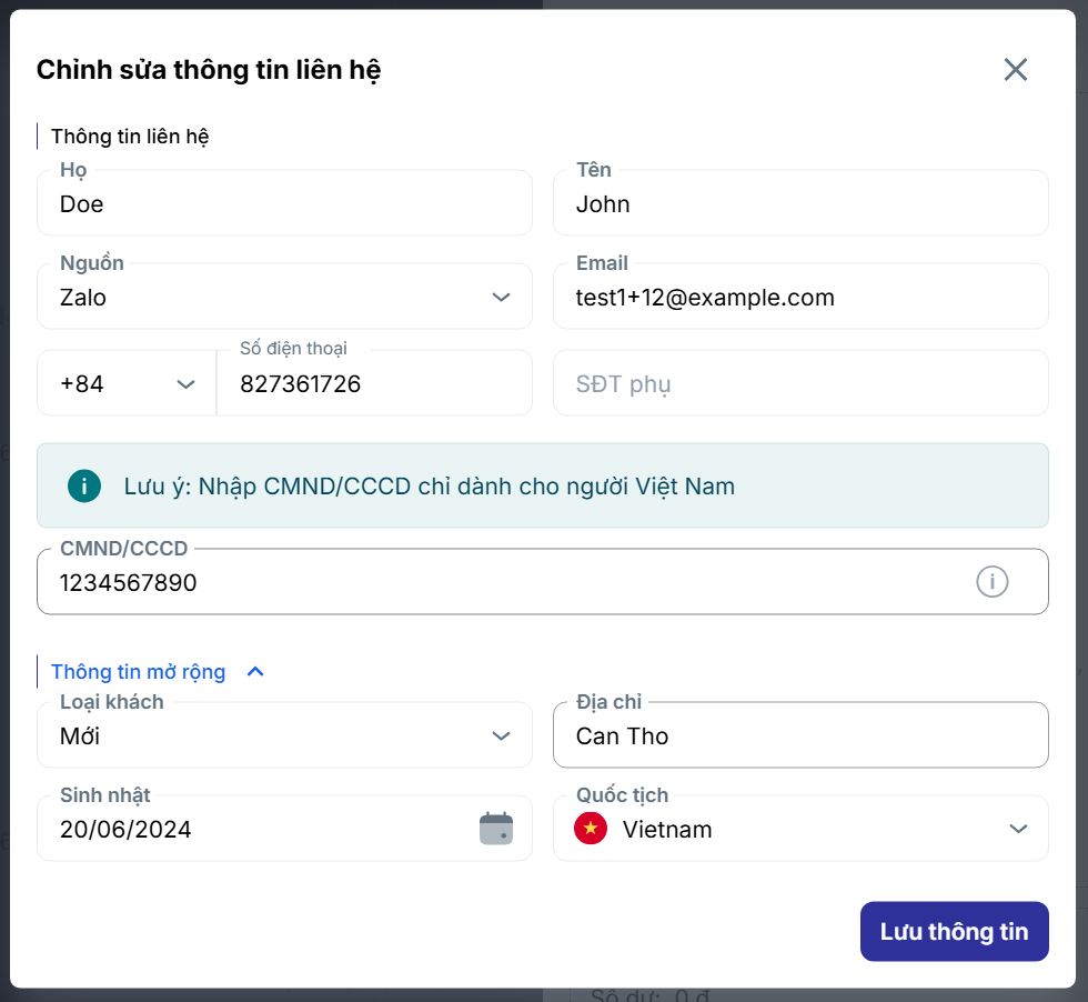 Cửa sổ chỉnh sửa thông tin liên hệ của khách hàng