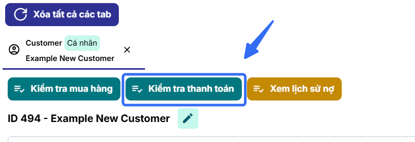 Nút Kiểm tra thanh toán trên tab chi tiết khách hàng