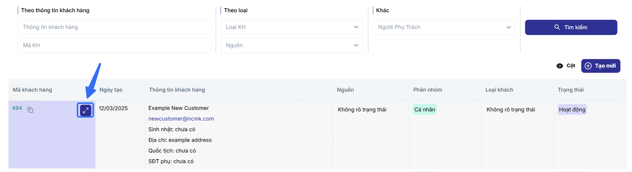 Nút Mở rộng bên phải mã khách hàng