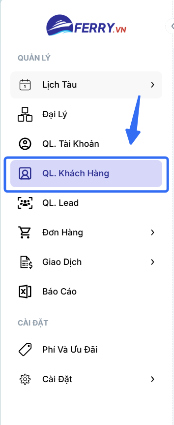 Mục QL. Khách Hàng trên thanh điều hướng bên trái