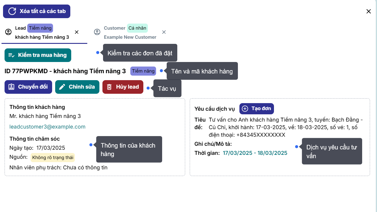 Tab chi tiết thông tin khách hàng tiềm năng Lead