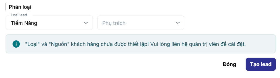Điền phân loại và nhấn nút Tạo lead