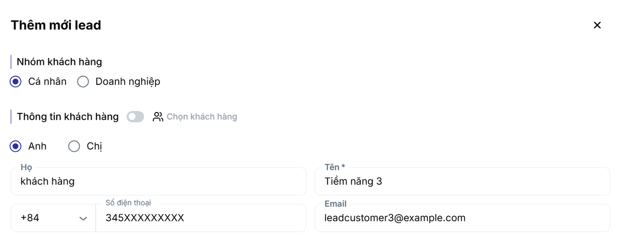 Điền thông tin chung của khách hàng tiềm năng