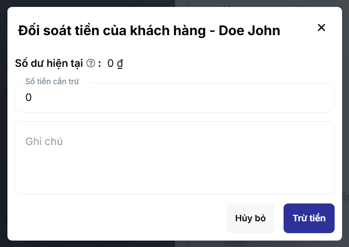 Cửa sổ đối soát trừ tiền gạch nợ của khách hàng