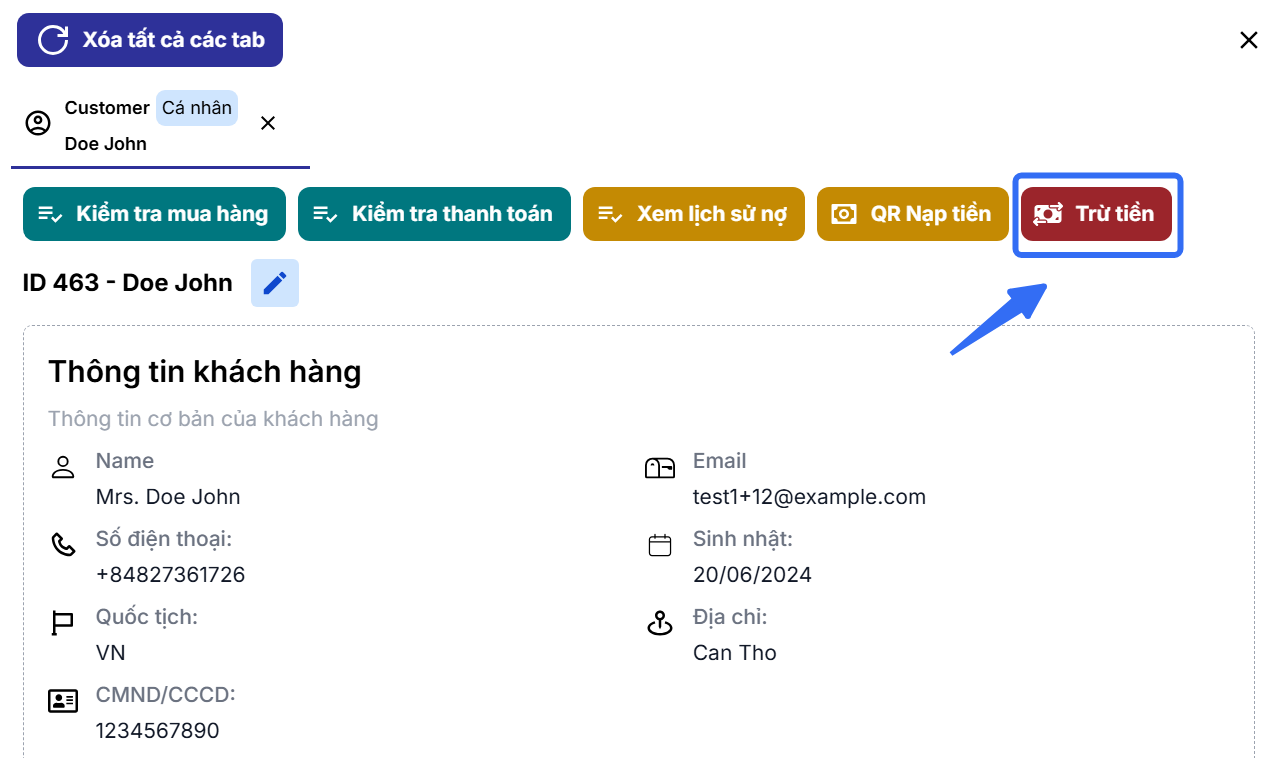 Nút Trừ tiền đối soát gạch nợ tại tab chi tiết khách hàng