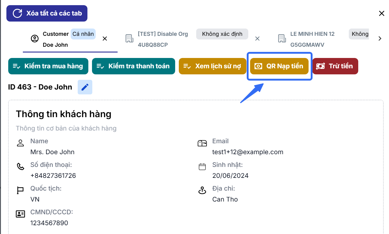 Nút QR Nạp tiền tại tab chi tiết khách hàng
