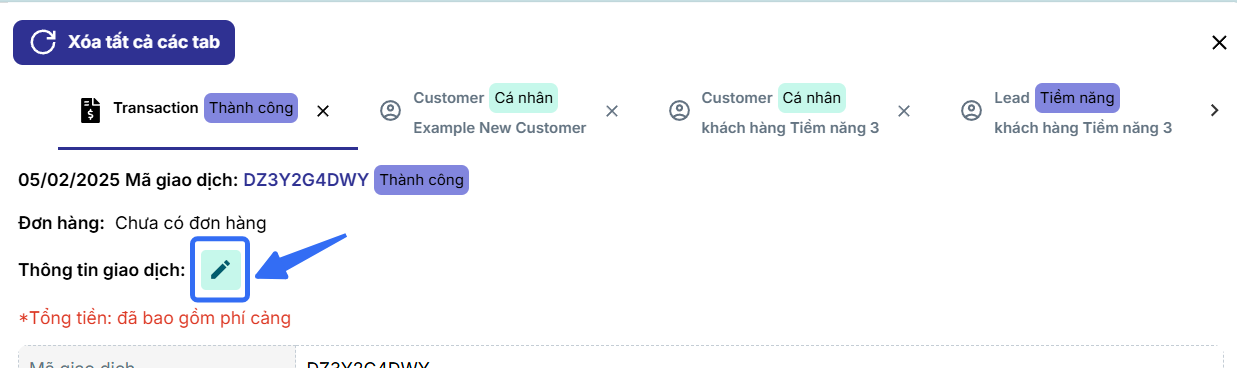 Nút Chỉnh sửa thông tin giao dịch