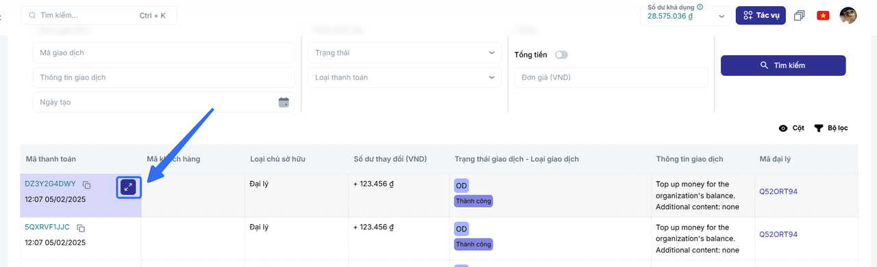 Nút Mở rộng dòng giao dịch để xem chi tiết