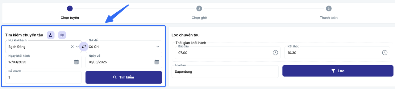 Màn hình chọn chuyến với thông tin dịch vụ đã điền sẵn