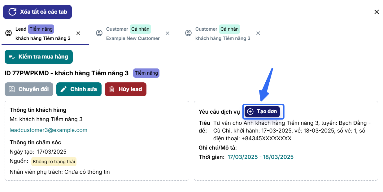 Nút Tạo đơn từ dịch vụ tiềm năng của Lead