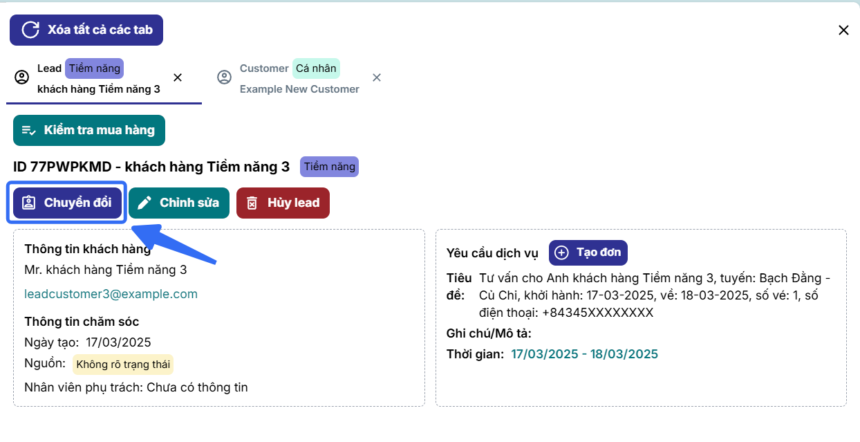 Nút Chuyển đổi Lead thành khách hàng của hệ thống